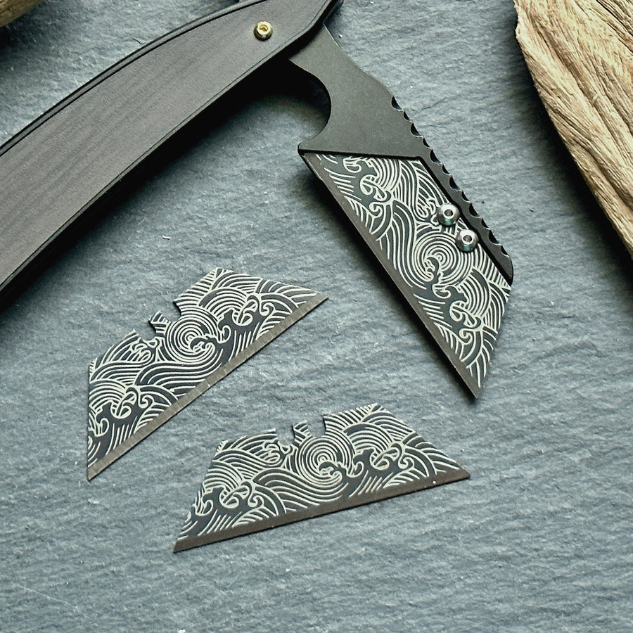 Stinger Engraved Utility Razor Blades, Utility Knife Blades Replacement - Black Ocean Wave Style (Trapezoid 3pcs pack- Black)
