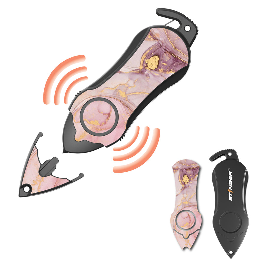 Stinger Personal Safety Alarm Keychain Emergency Tool: Siren Alarm, Seat Belt Cutter, Glass Breaker (Pink Marble)