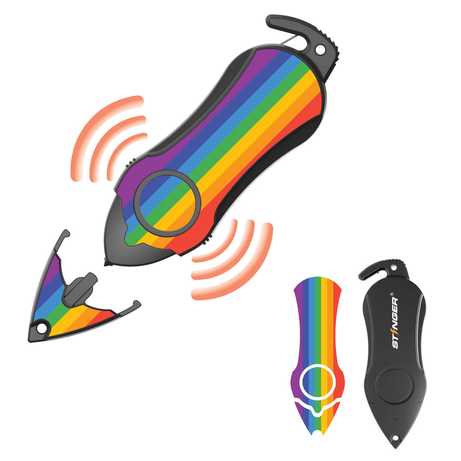 Stinger Personal Safety Alarm Keychain Emergency Tool: Siren Alarm, Seat Belt Cutter, Glass Breaker (Rainbow)
