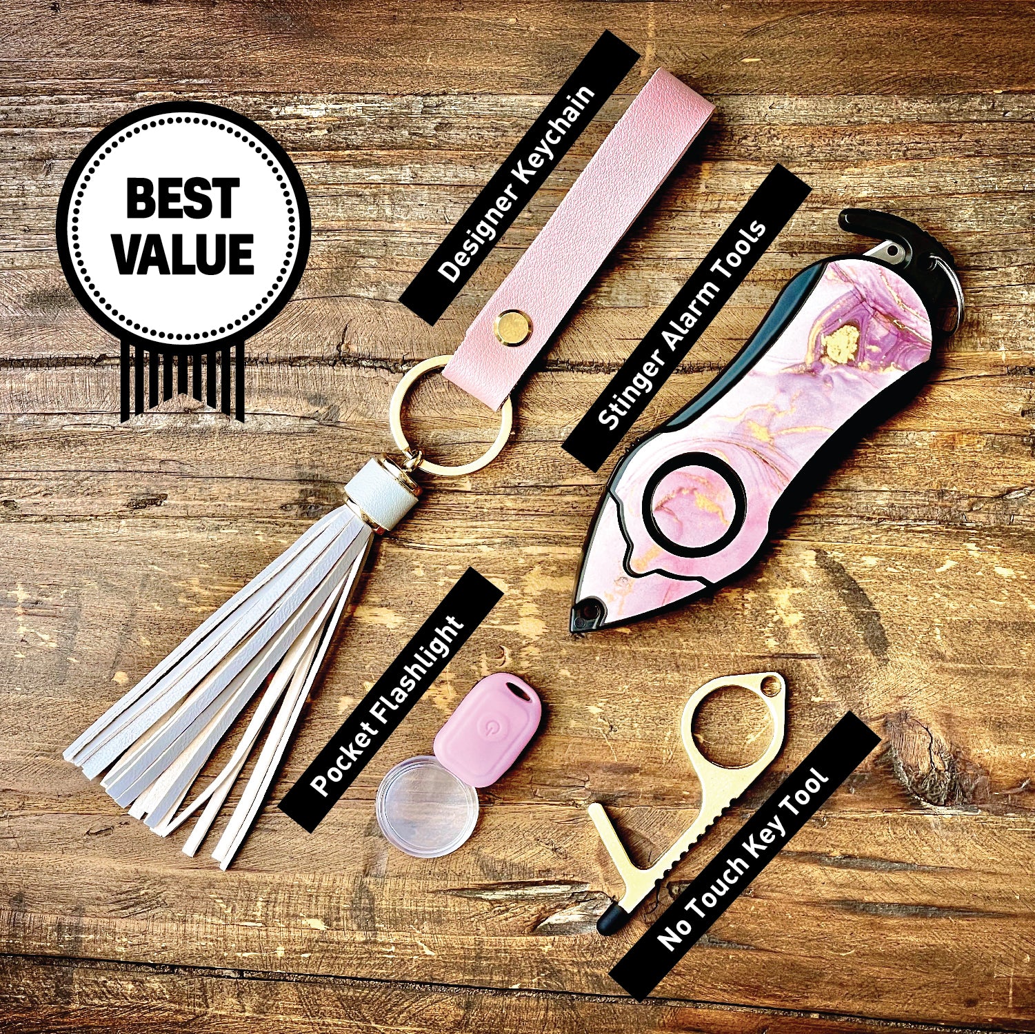 Stinger Personal Safety Alarm Self-Defense Keychain Set (Pink Marble)