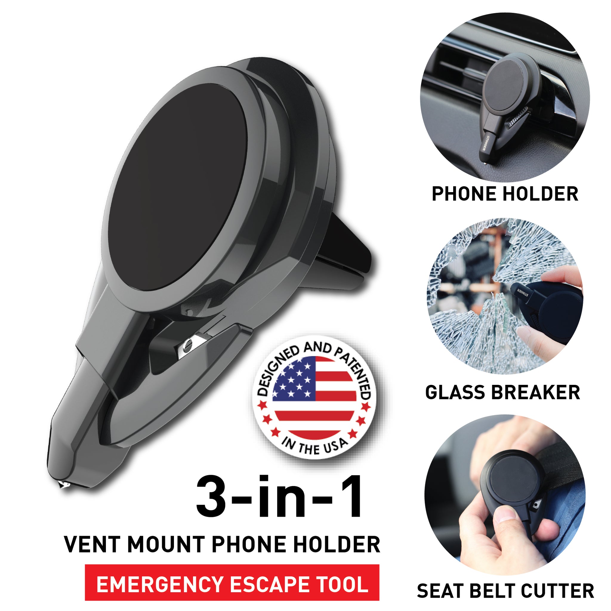Stinger Car Vent Mount Magnetic Phone Holder Emergency Tool, Seatbelt Cutter,  Spring-Loaded Window Breaker